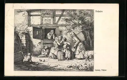 Künstler-AK Ludwig Richter: Familie Daheim vor ihrem Hause