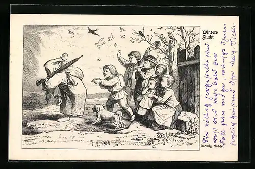 Künstler-AK Ludwig Richter: Winters Flucht
