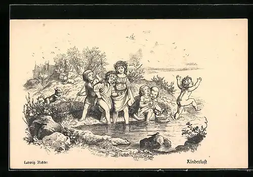 Künstler-AK Ludwig Richter: Kinder spielend im Teich