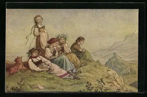 Künstler-AK Ludwig Richter: Mägde auf Bergeshöhe