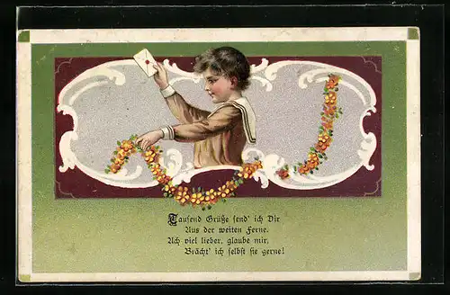 Künstler-AK Kind mit Brief in der Hand Tausend Grüsse send` ich Dir...