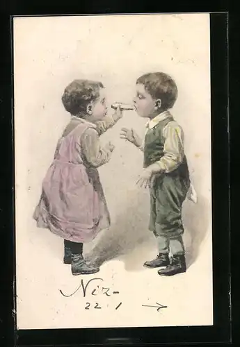 Künstler-AK Kinder essen Brot