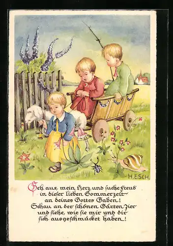 Künstler-AK Kinder im Bollerwagen, Ziege mit Flieder