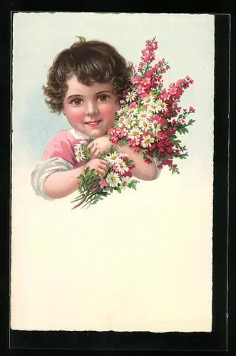 Künstler-AK Kind mit grossem Blumenstrauss