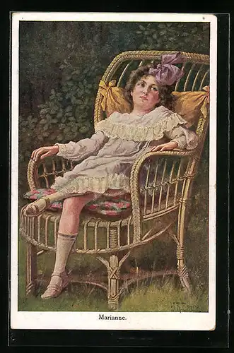Künstler-AK Marianne im Rattan-Sessel