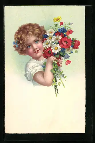Künstler-AK Kind mit Blumenstrauss