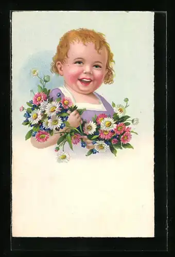 Künstler-AK Kind mit Blumenbouquet