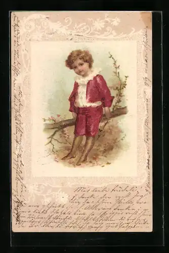 Lithographie Junge im roten Anzug am Baum