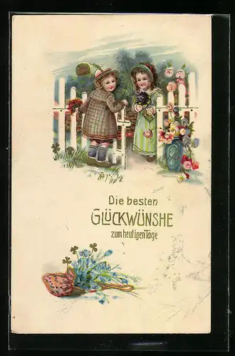 Künstler-AK Kinder am Zaun, Glcükwünsche zum heutigen Tage