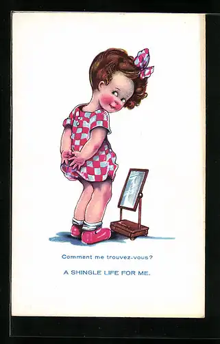 AK Mädchen im karierten Kleid vor dem Spiegel