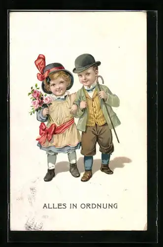 AK Alles in Ordnung, Kinderpaar mit Blumen