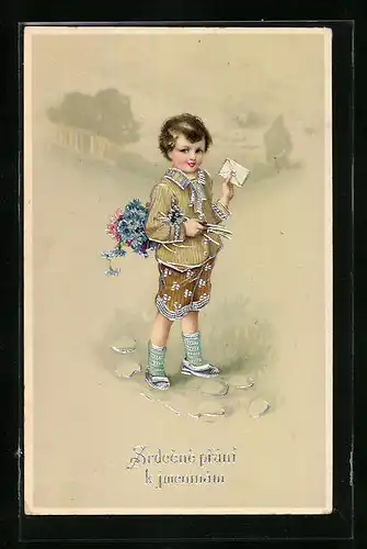 Präge-AK Junge mit Blumenstrauss und Kuvert