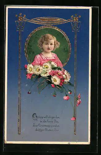 Präge-AK Kleines Mädchen mit Blumen, Passepartout