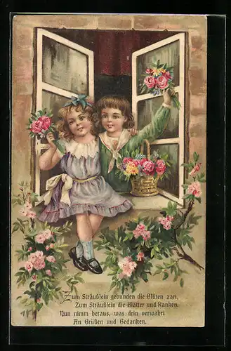 Präge-AK Kinderpaar mit Blumen am Fenster