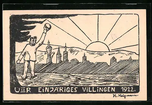 Künstler-AK Villingen, Einjähriges 1922, Ortspartie u. Student bei Sonnenschein, Absolvia