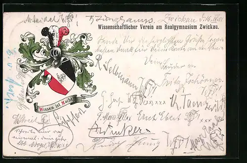 Künstler-AK Zwickau, Wissenschaftlicher Verein am Realgymnasium Zwickau, Ritterhelm und Wappen, Absolvia
