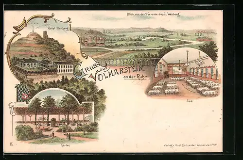 Lithographie Volmarstein an der Ruhr, Hotel Wehberg, Inneres Saal, Garten