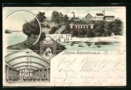 Lithographie Berlin-Zehlendorf, Restaurant Schloss Schlachtensee, Innenansicht, Uferpartie