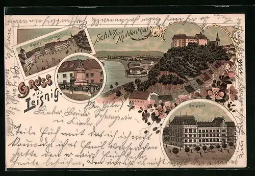 Lithographie Leisnig, Schloss mit Muldental, Realschule, Bismarck-Denkmal
