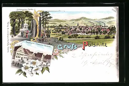 Lithographie Pulsnitz, Teilansicht, Hauptmarkt u. Rietschel-Denkmal, Schlossgarten-Partie