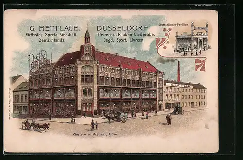 Lithographie Düsseldorf, G. Hettlage Herren- u. Knaben-Garderobe, Ecke Kloster- u. Kreuzstrasse, Ausstellungs-Pavillon