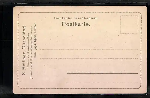Lithographie Düsseldorf, G. Hettlage Herren- u. Knaben-Garderobe, Ecke Kloster- u. Kreuzstrasse, Ausstellungs-Pavillon