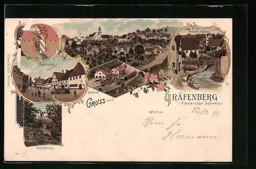 Lithographie Gräfenberg /Fränkische Schweiz, Bahnhof, Hinterer Graben, Marktplatz