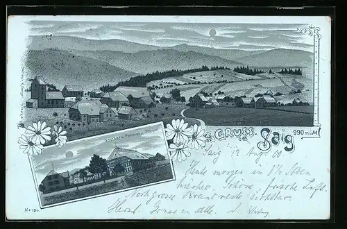 Mondschein-Lithographie Saig, Gasthof u. Pension zum Ochsen, Teilansicht