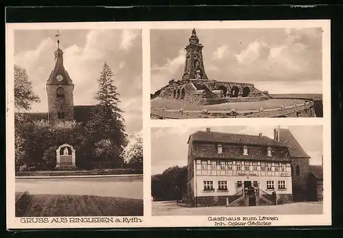 AK Ringleben a. Kyffh., Gasth- u. Logierhaus zum Löwen, Kirche, Denkmal