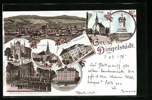 Lithographie Dingelstädt, Kerbsche Berg mit Franziskanerkirche u. Kloster, Krankenhaus, Töchter-Institut