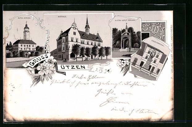 Lithographie Lützen, Altes Schloss, Rathaus, Gustav Adolf Denkmal Nr