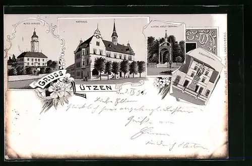 Lithographie Lützen, Altes Schloss, Rathaus, Gustav Adolf Denkmal
