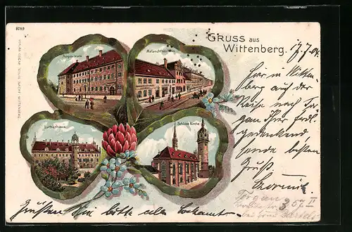 Passepartout-Lithographie Wittenberg, Melanchthon Haus, Lutherhaus und Schlosskirche im Kleeblatt