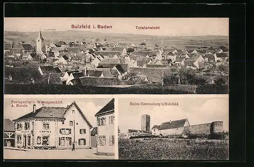 AK Sulzfeld i. Baden, Postagentur und Geschäft A. Heinle, Ruine Ravensburg