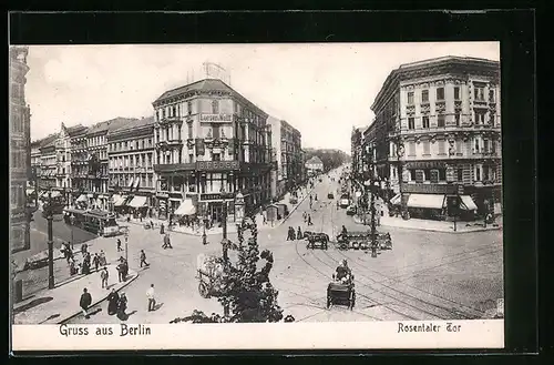 AK Berlin, Strassenkreuzung am Rosentaler Tor / Rosentaler Platz, Strassenbahn und Bierkutsche