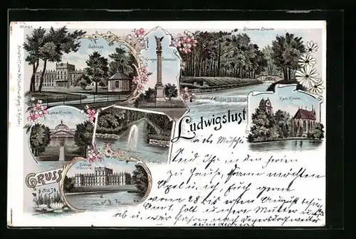 Lithographie Ludwigslust, Schloss, Kath. Kirche, Kriegerdenkmal