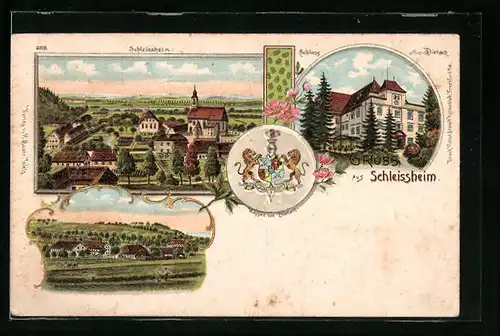 Lithographie Schleissheim, Schloss Dietach, Teilansicht mit Kirche