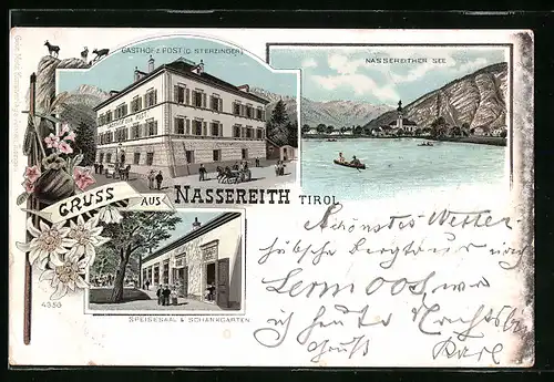 Lithographie Nassereith, Ortsansicht mit Gasthof zur Post