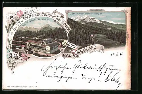 Lithographie Bad Egerdach, Ortsansicht mit Schloss Ambras