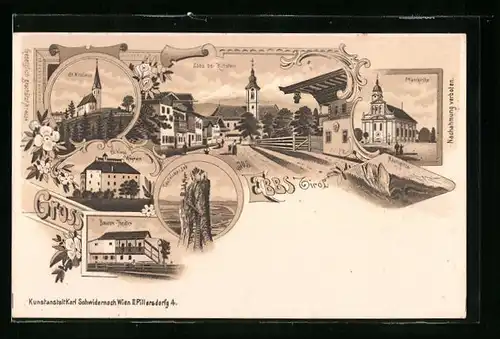 Lithographie Ebbs, Pfarrkiche und St. Nicolaus