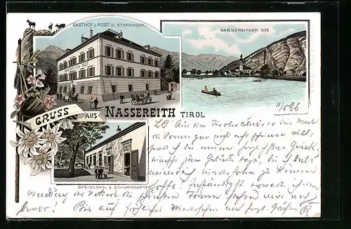 Lithographie Nassereith, Gasthof zur Post und See
