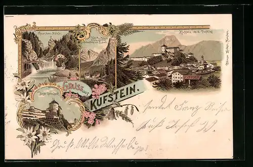 Lithographie Kufstein, Ortsansicht mit Pendling