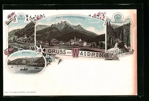 Lithographie Waidring, Ortsansicht mit Öfen und Pillersee