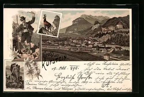 Lithographie Kufstein, Totalansicht aus der Vogelschau, Bergsteiger mit Teufelskanzel