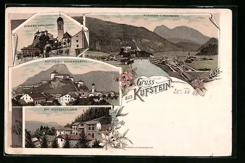 Lithographie Kufstein, Schloss Geroldseck, Bad Kienbergklamm, Totalansicht v. Kalvarienberg