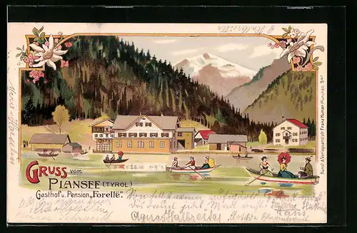 Lithographie Plansee, Gasthof und Pension Forelle vom See aus