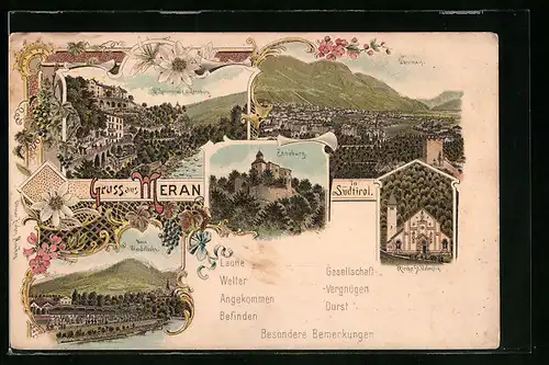 Lithographie Meran, Gilfpromenade und Zenoburg, Kirche St. Valentin, Neue Wandelbahn