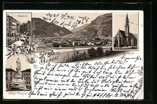 Lithographie Bozen, Obstplatz, Pfarrkirche, Walther-Denkmal, Totalansicht