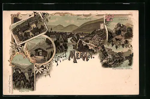 Lithographie Meran, Landesfrstl. Burg, Tappeiner Weg, Schloss Tirol, Schloss Forst, Gilfpromenade und Zenoburg