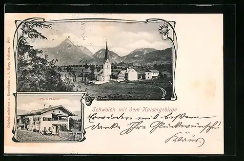 AK Schwoich, Pfarr-Vidium, Totalansicht mit dem Kaisergebirge